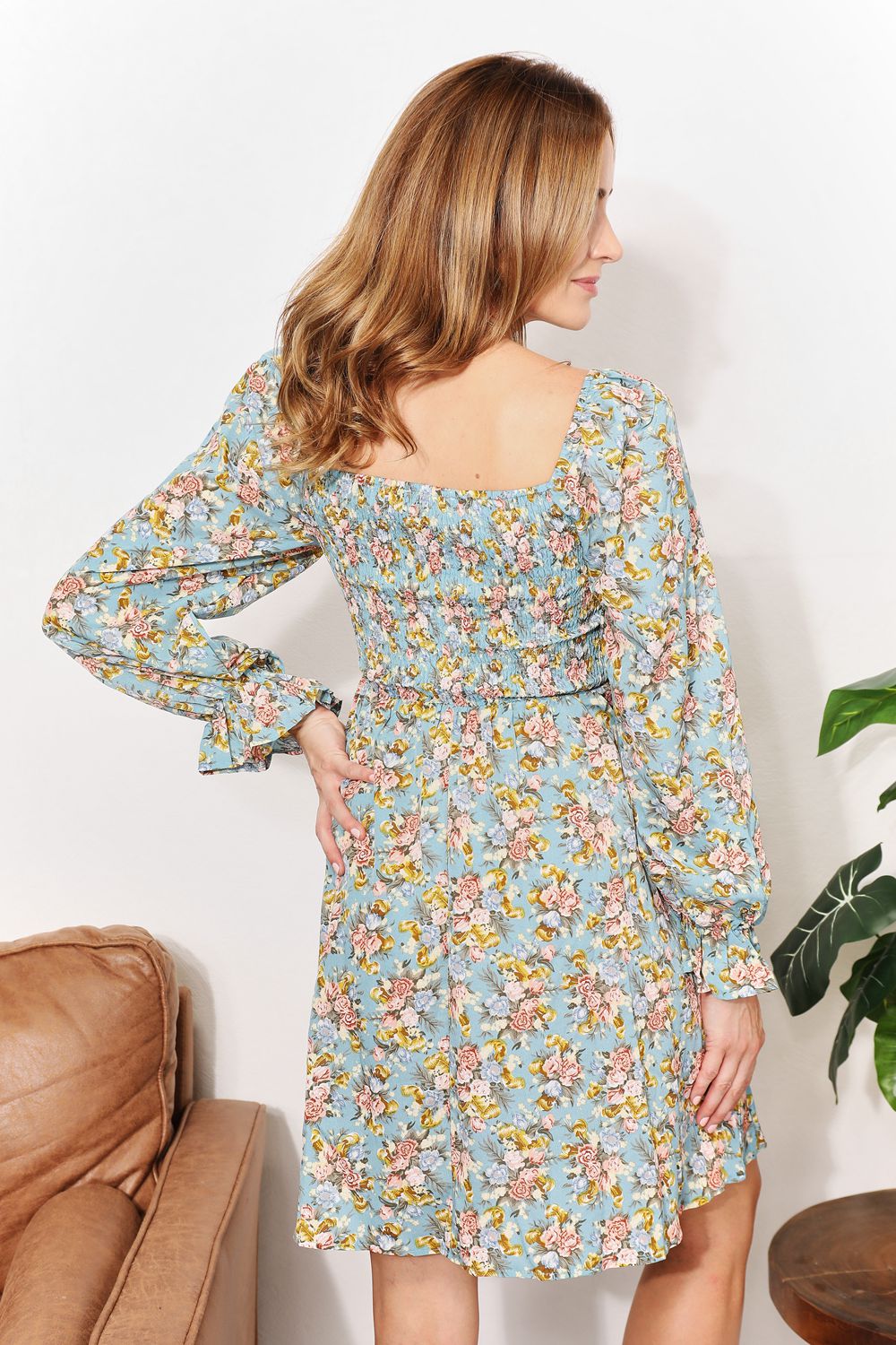 She Wears Glory™ “Eden Bloom” Honey Floral Smocked Flounce Sleeve Square Neck Dress - She Wears Glory Beverly Hills