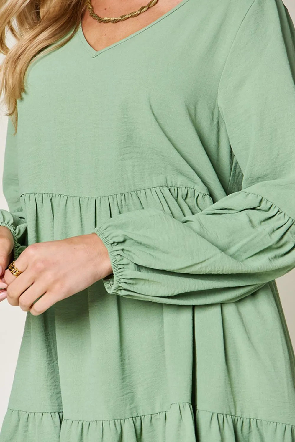 She Wears Glory™ Double Take V-Neck Balloon Sleeve Tiered Dress with Pockets - She Wears Glory Beverly Hills