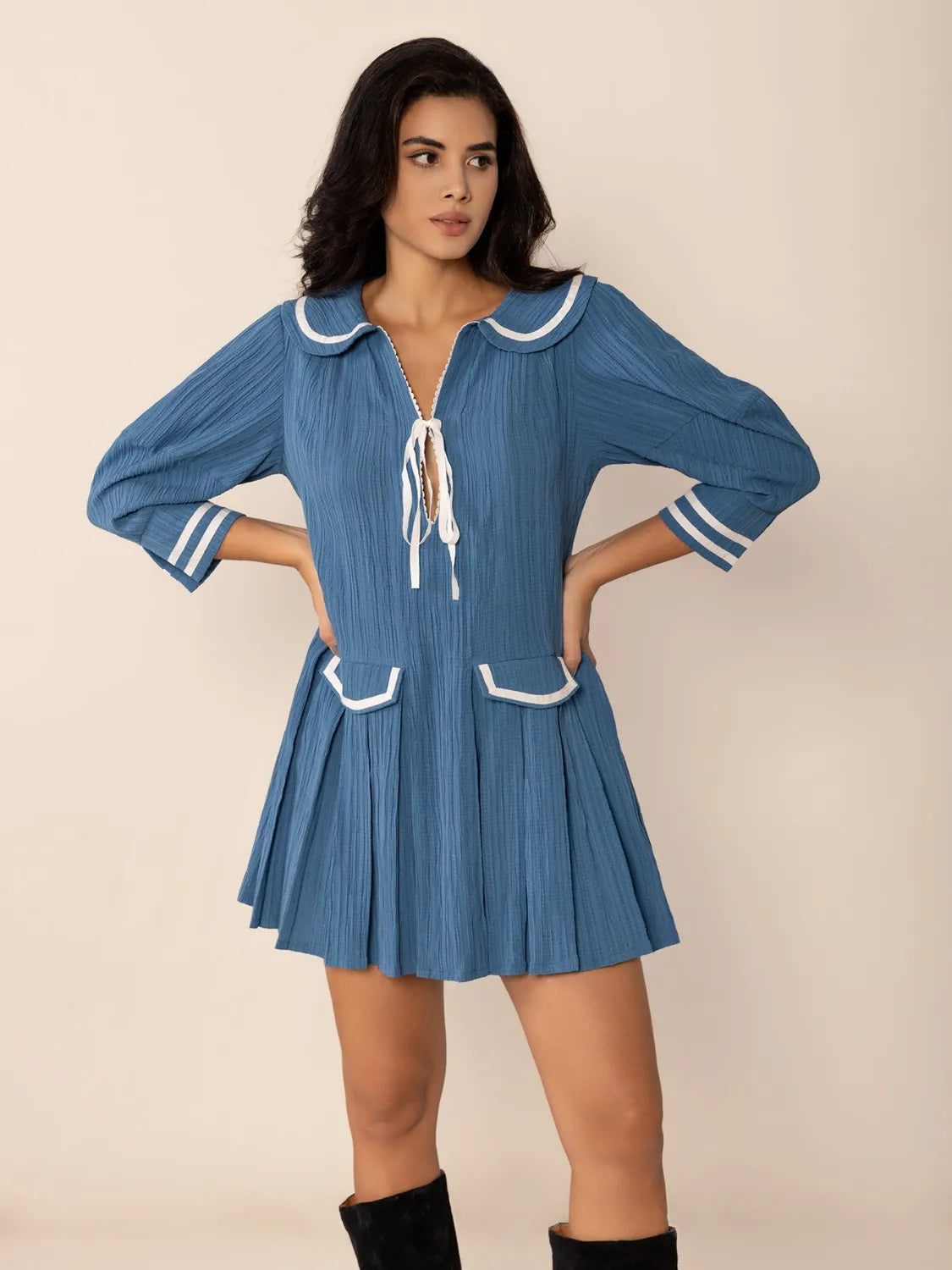 She Wears Glory™ Tie-Front Pleated Three-Quarter Sleeve Dress - She Wears Glory Beverly Hills