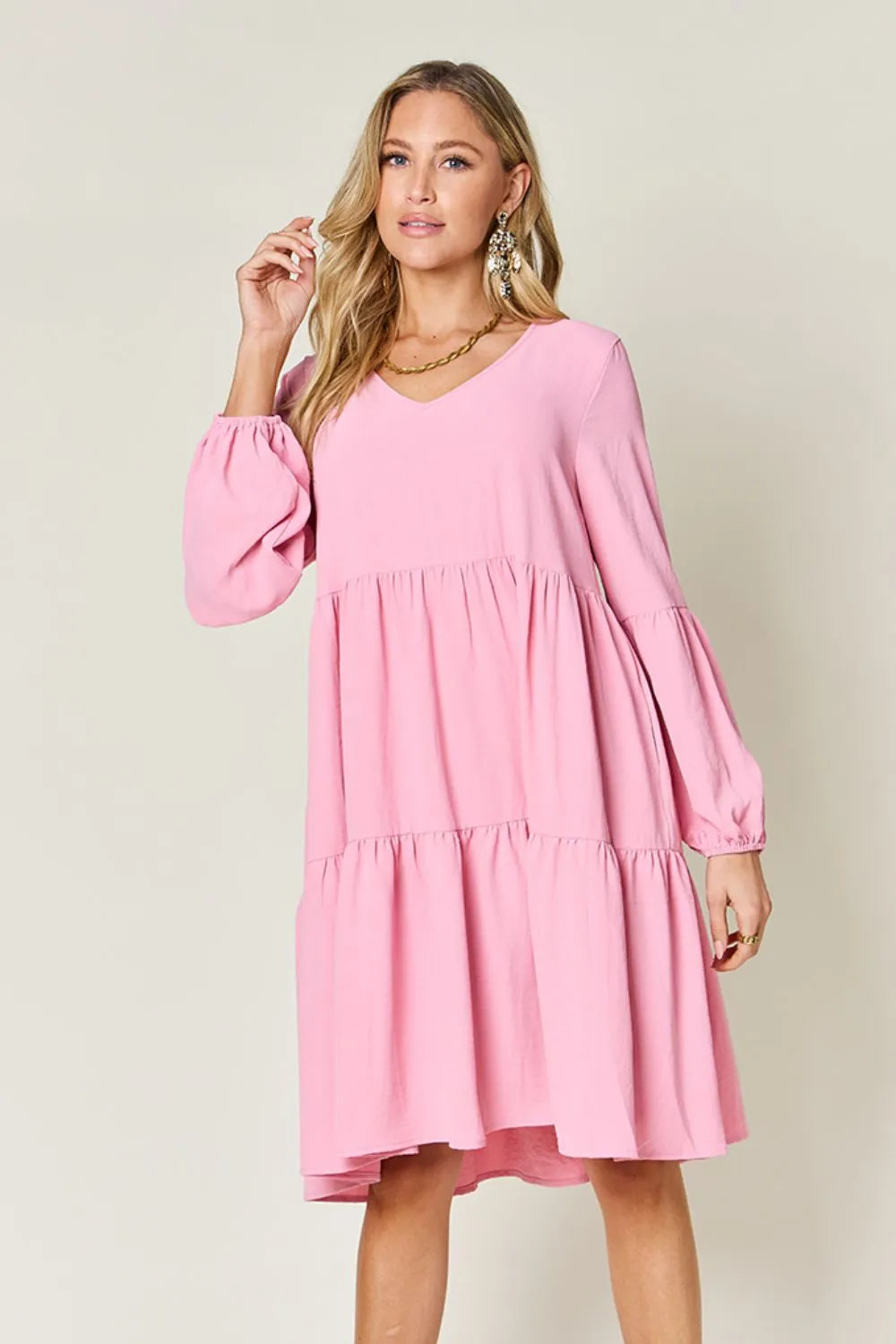 She Wears Glory™ Double Take V-Neck Balloon Sleeve Tiered Dress with Pockets - She Wears Glory Beverly Hills