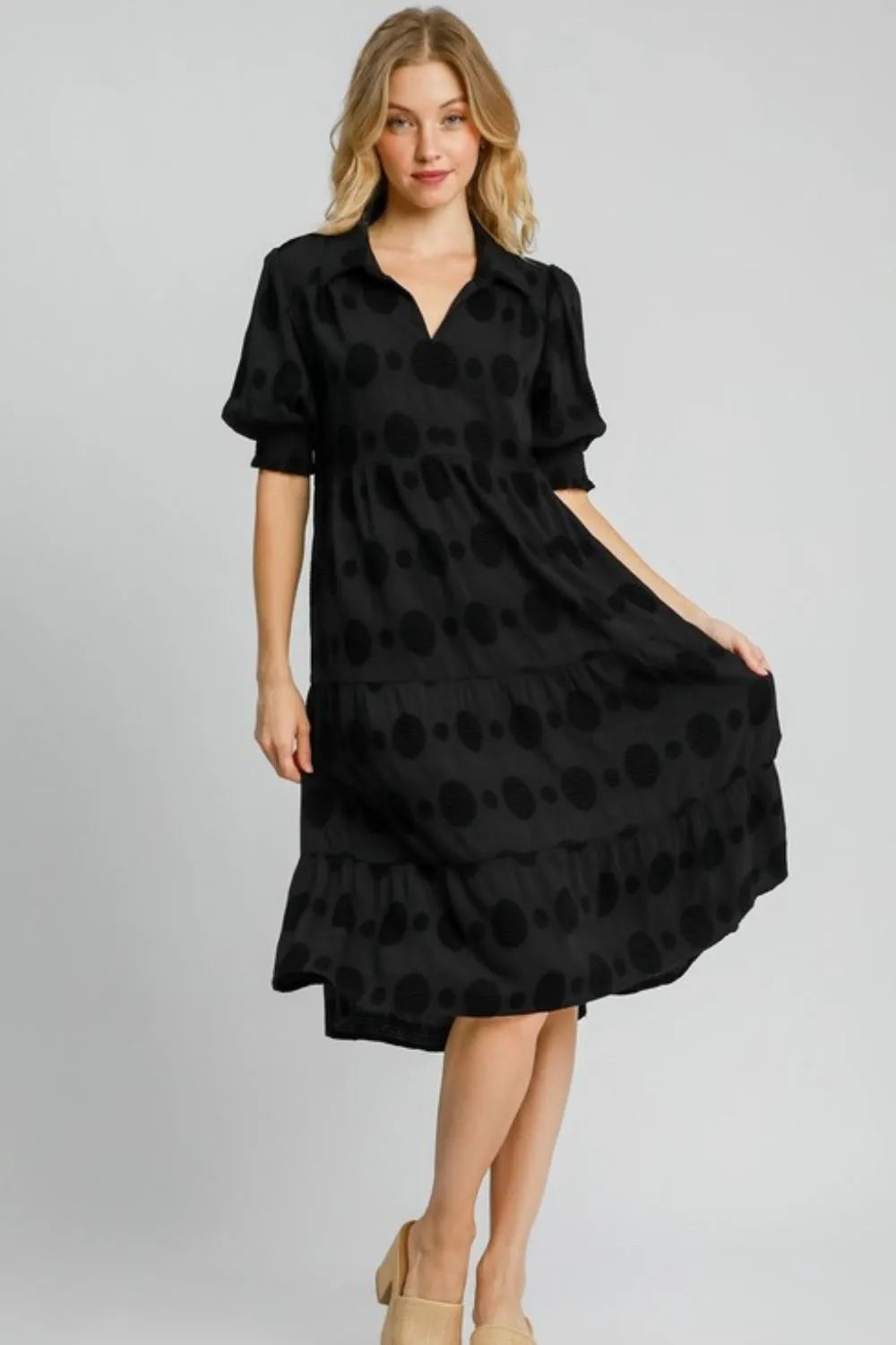 She Wears Glory™ Swiss Dot Jacquard Tiered Midi Dress - She Wears Glory Beverly Hills