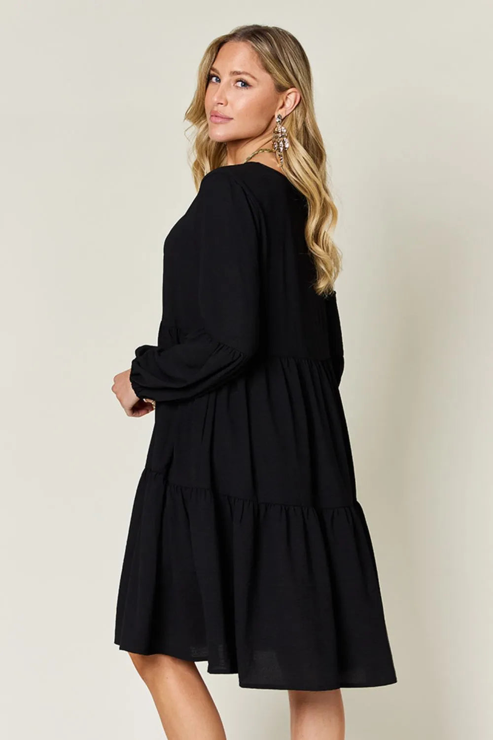She Wears Glory™ Double Take V-Neck Balloon Sleeve Tiered Dress with Pockets - She Wears Glory Beverly Hills