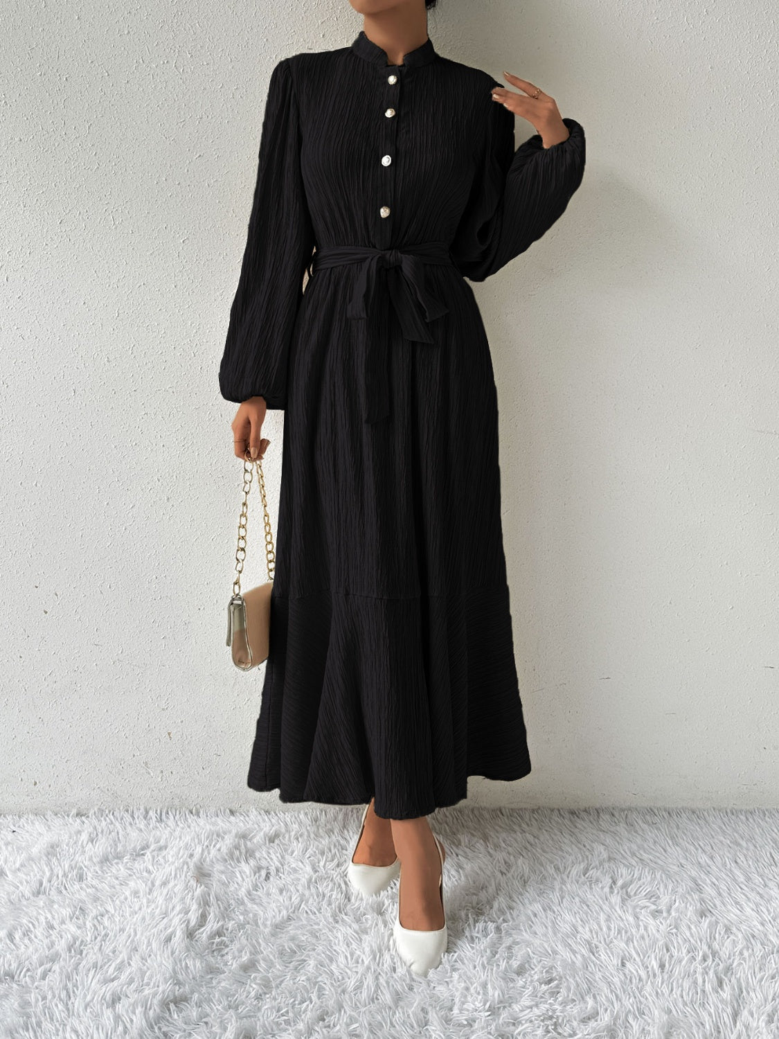 She Wears Glory™ “Honeyed Honor” Tie Waist Long Sleeve Dress - She Wears Glory Beverly Hills
