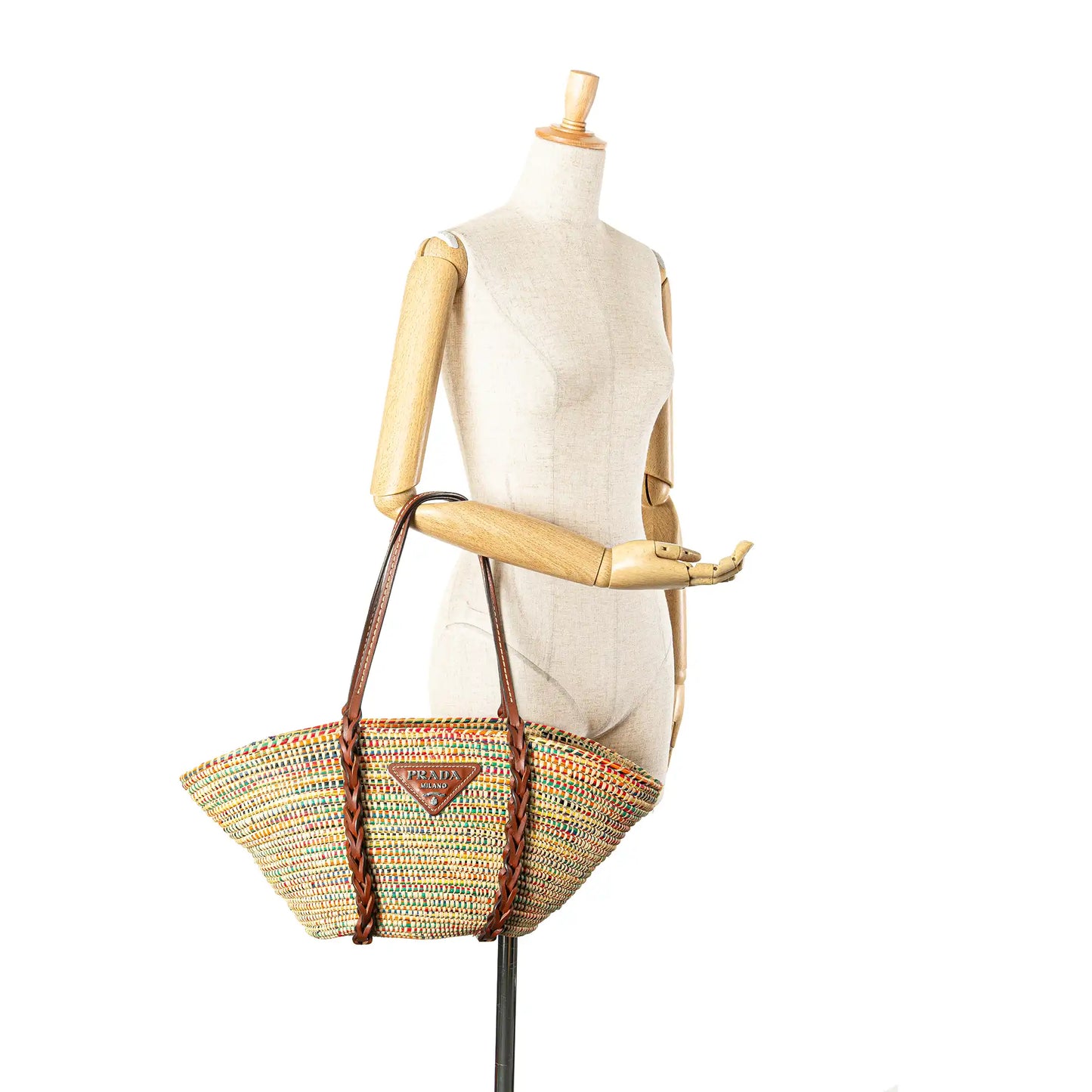 Prada Vitello Trimmed Raffia Paglia Basket Bag