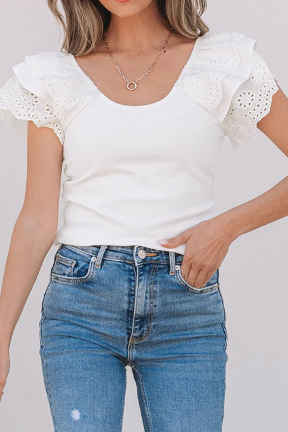 She Wears Glory™ Abigail Eyelet Ruffle Slim Top in Lily White - She Wears Glory Beverly Hills