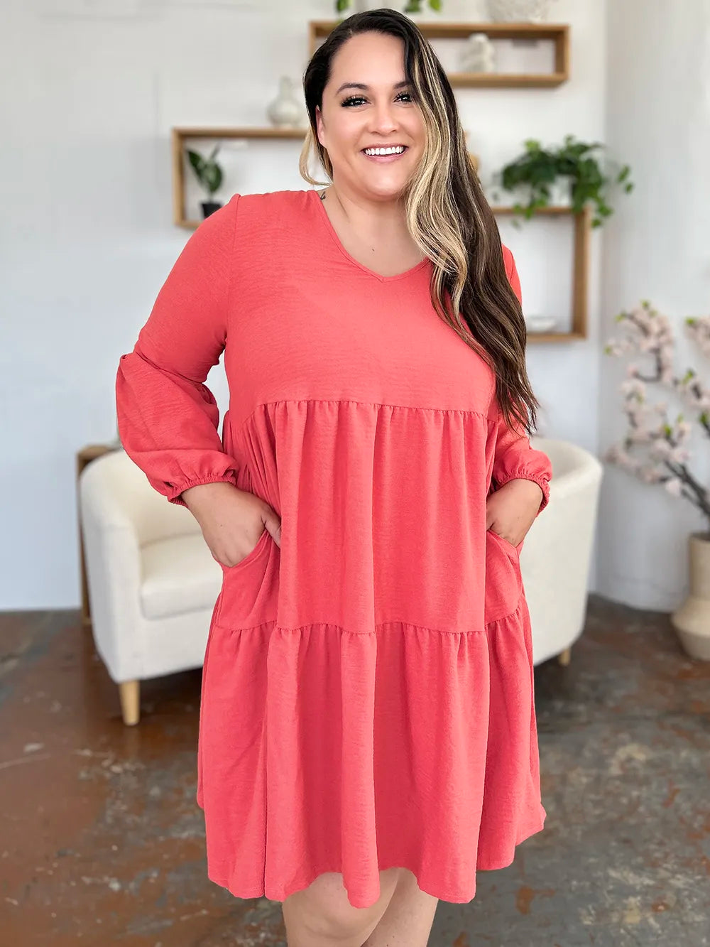 She Wears Glory™ Double Take V-Neck Balloon Sleeve Tiered Dress with Pockets - She Wears Glory Beverly Hills