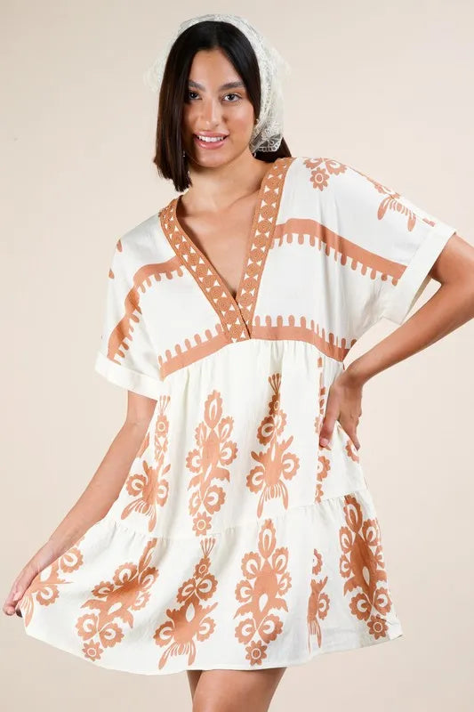 She Wears Glory “Radiant Joy” Printed V-Neck Woven Mini Dress - She Wears Glory Beverly Hills