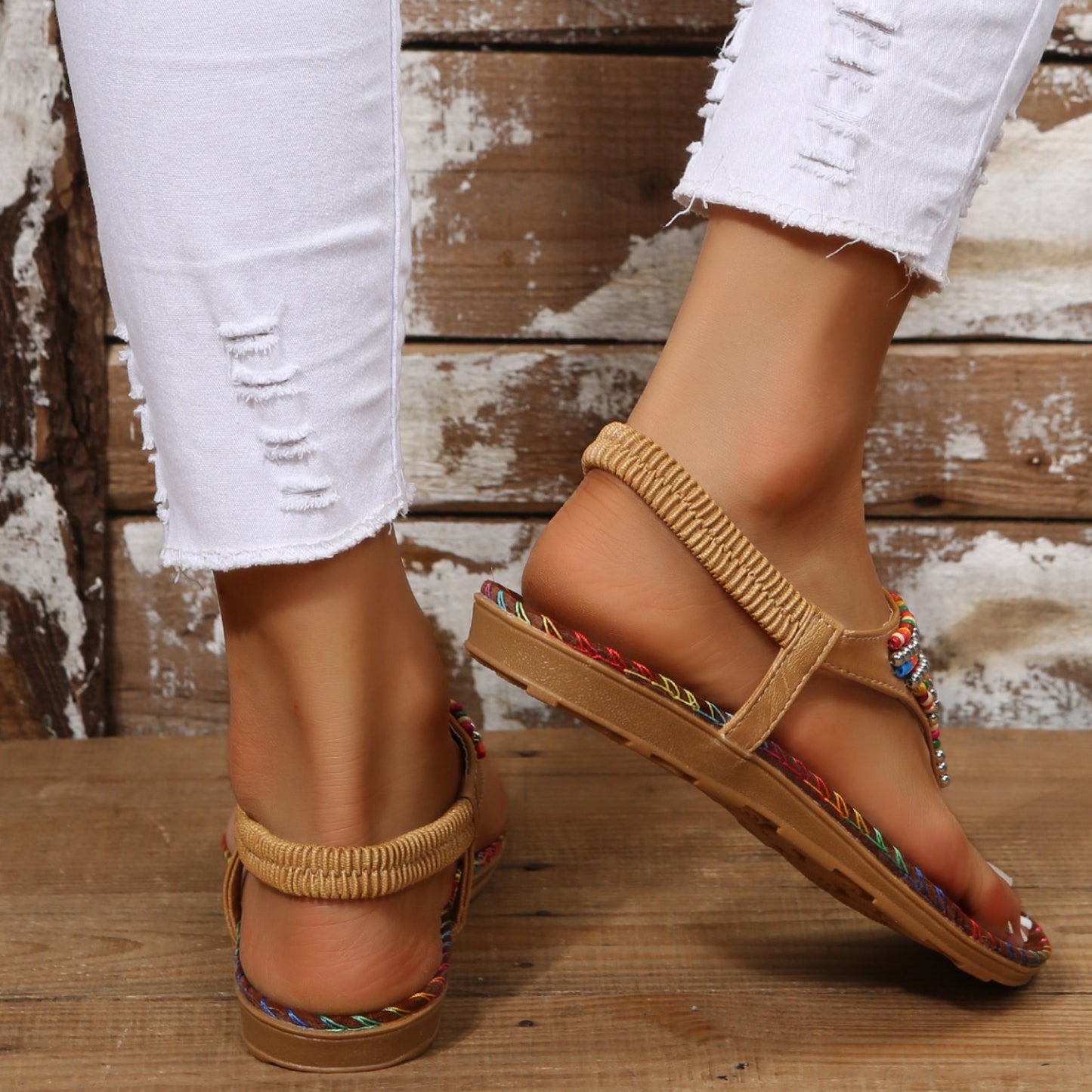She Wears Glory™ — Graceful Steps Beaded PU Leather Open Toe Sandals - She Wears Glory Beverly Hills