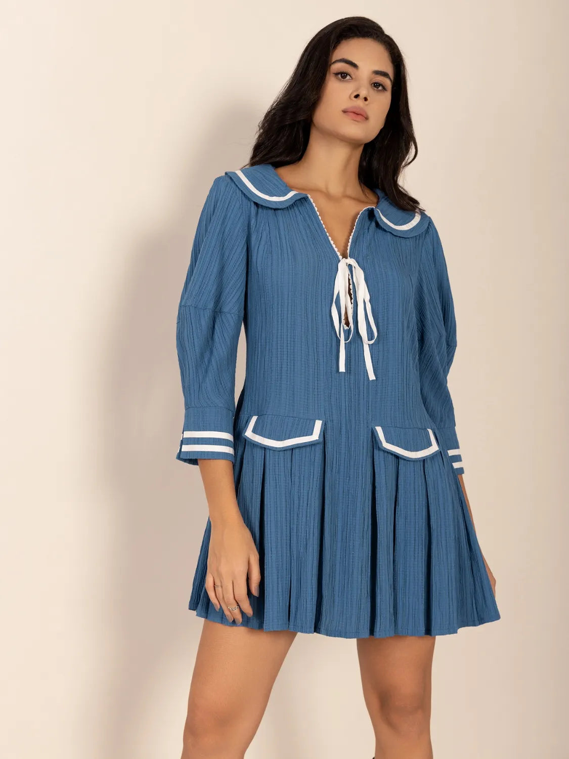 She Wears Glory™ Tie-Front Pleated Three-Quarter Sleeve Dress - She Wears Glory Beverly Hills