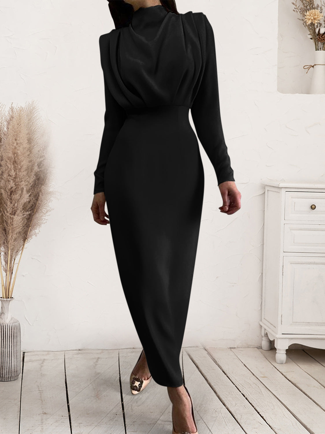 She Wears Glory™ “Majestic Dignity” Ruched Turtleneck Long Sleeve Dress - She Wears Glory Beverly Hills