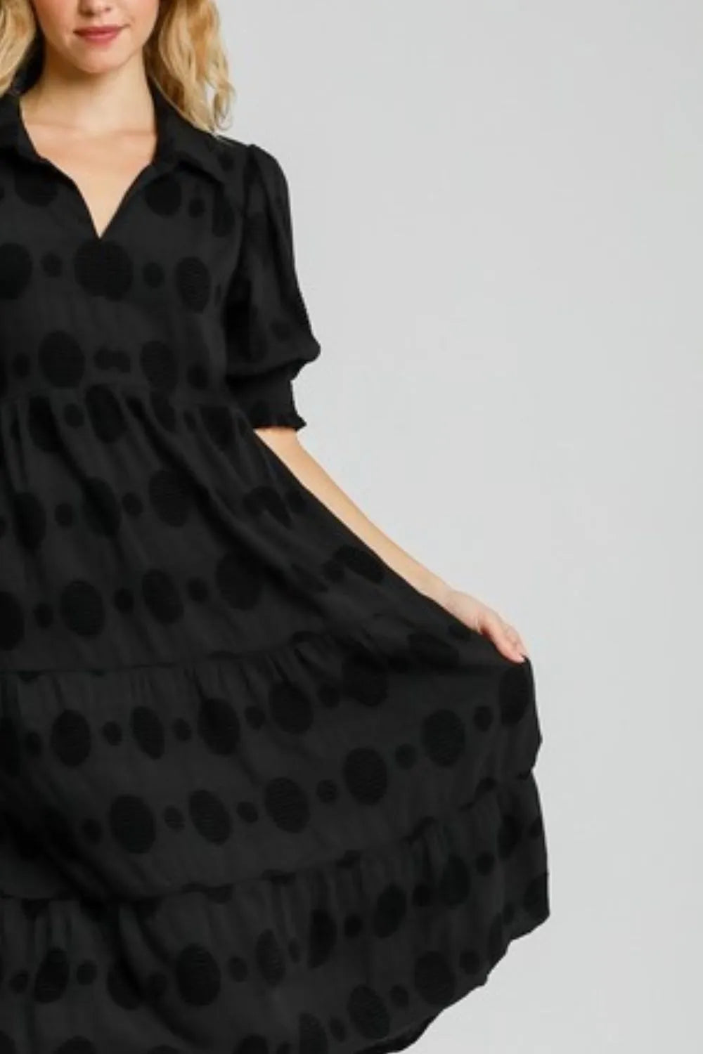 She Wears Glory™ Swiss Dot Jacquard Tiered Midi Dress - She Wears Glory Beverly Hills