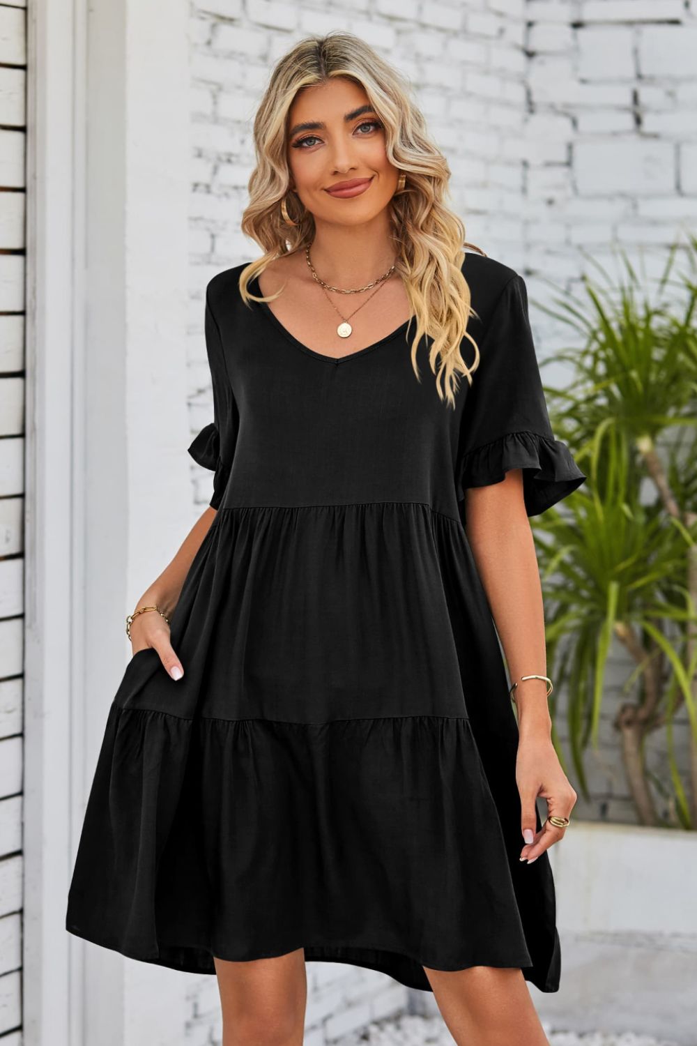 She Wears Glory™ Mandy V-Neck Flounce Sleeve Tiered Dress - She Wears Glory Beverly Hills