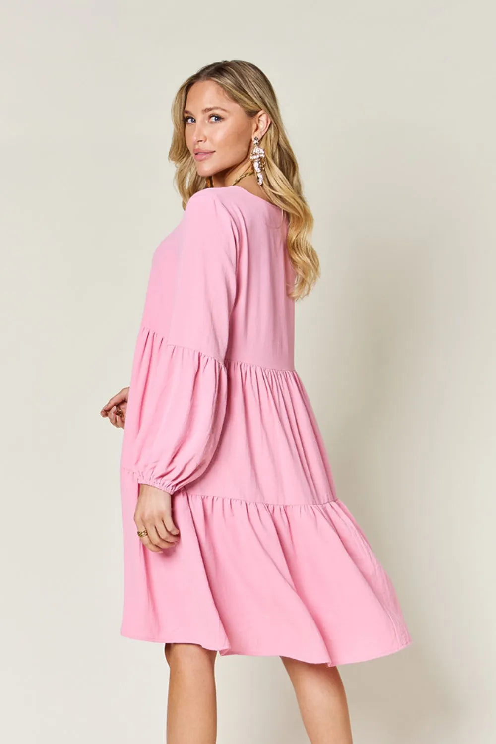 She Wears Glory™ Double Take V-Neck Balloon Sleeve Tiered Dress with Pockets - She Wears Glory Beverly Hills