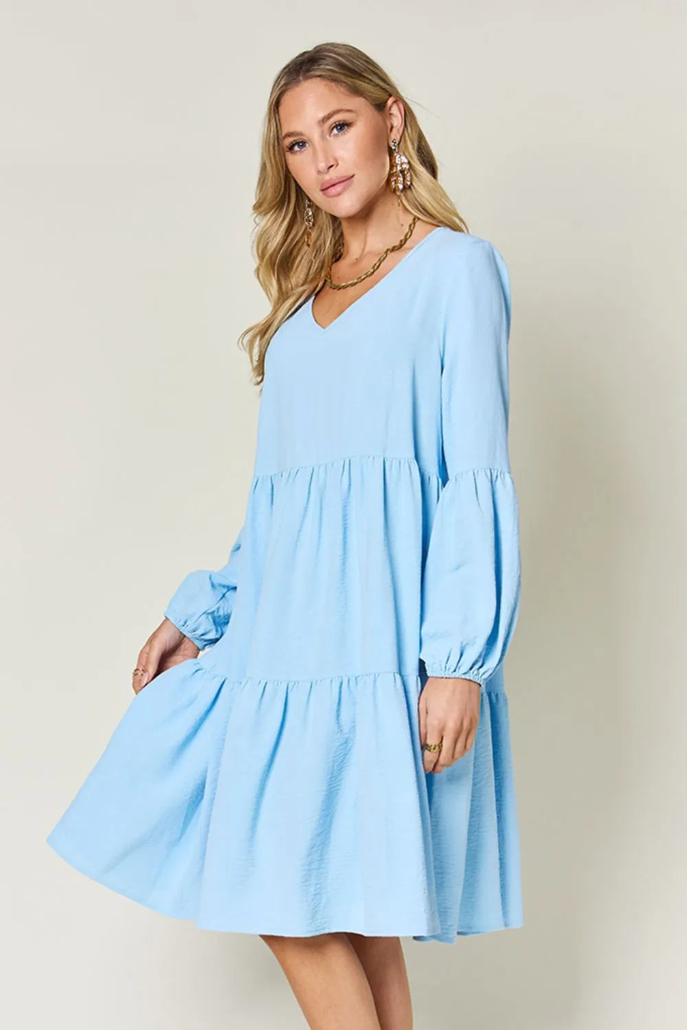 She Wears Glory™ Double Take V-Neck Balloon Sleeve Tiered Dress with Pockets - She Wears Glory Beverly Hills
