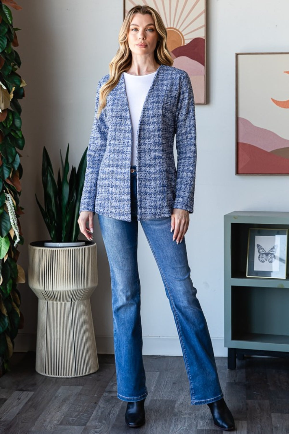 She Wears Glory “Virtue in Vogue” Houndstooth Tweed Open Front Blazer – Full Size - She Wears Glory Beverly Hills