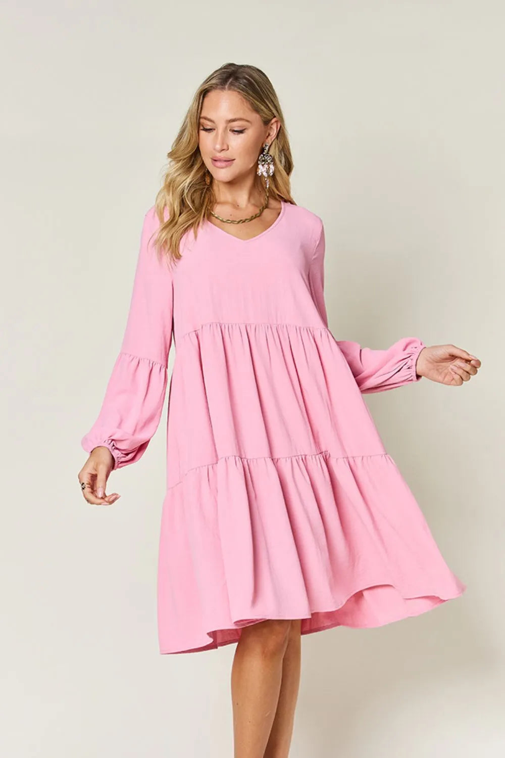 She Wears Glory™ Double Take V-Neck Balloon Sleeve Tiered Dress with Pockets - She Wears Glory Beverly Hills