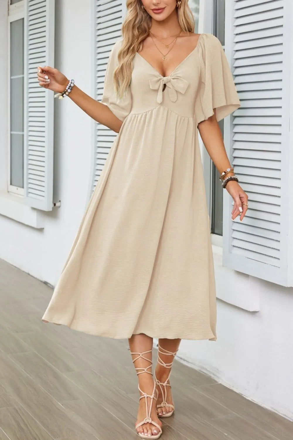 Smocked Tie Front Flutter Sleeve Midi Dress - She Wears Glory Beverly Hills