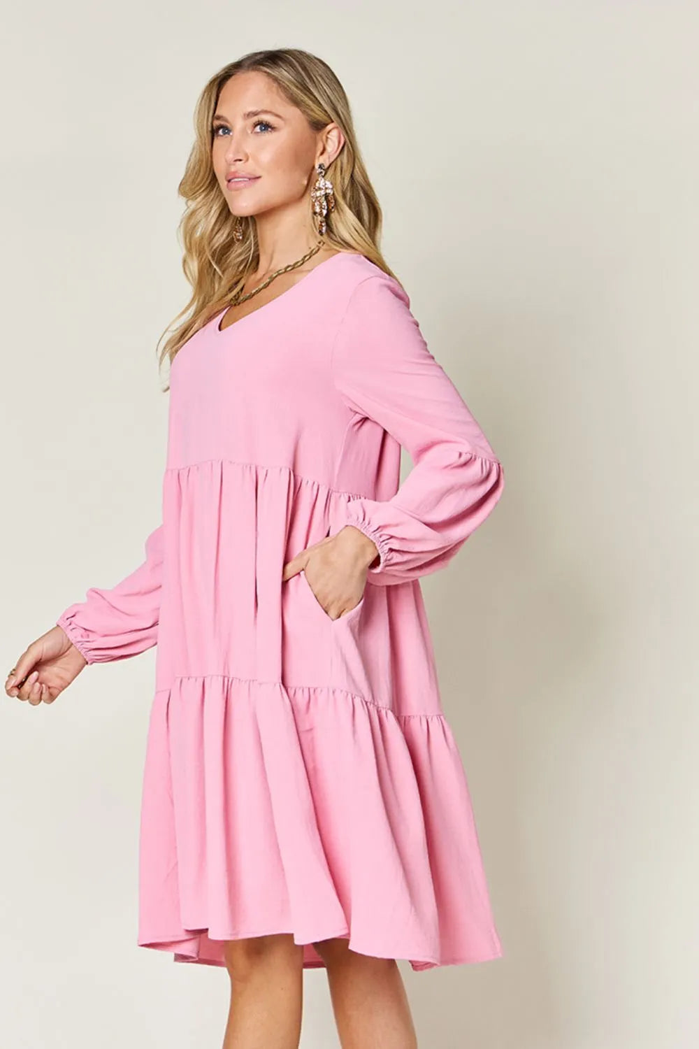 She Wears Glory™ Double Take V-Neck Balloon Sleeve Tiered Dress with Pockets - She Wears Glory Beverly Hills
