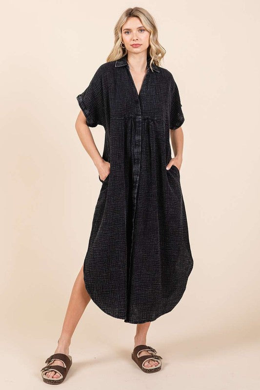 She Wears Glory™ Mineral Wash Midi Shirt Dress – Worn-In Grace, Buttoned in Strength - She Wears Glory Beverly Hills