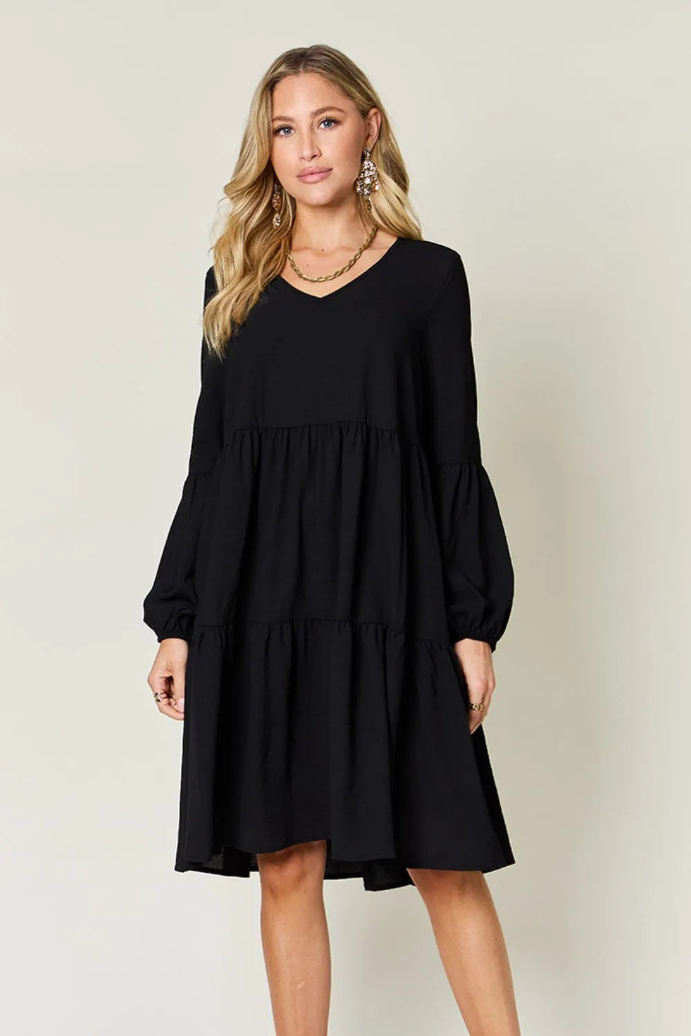 She Wears Glory™ Double Take V-Neck Balloon Sleeve Tiered Dress with Pockets - She Wears Glory Beverly Hills