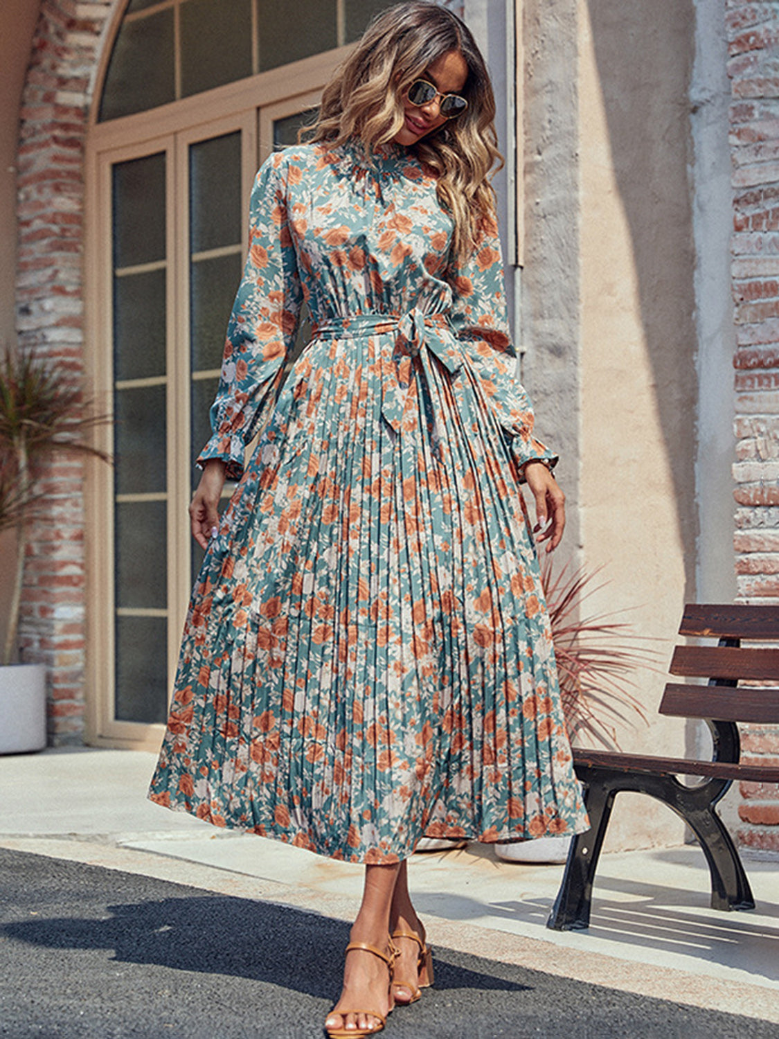 She Wears Glory™ – The Virtue Robe Dress (Pleated Mock Neck Printed Long Sleeve Dress) - She Wears Glory Beverly Hills