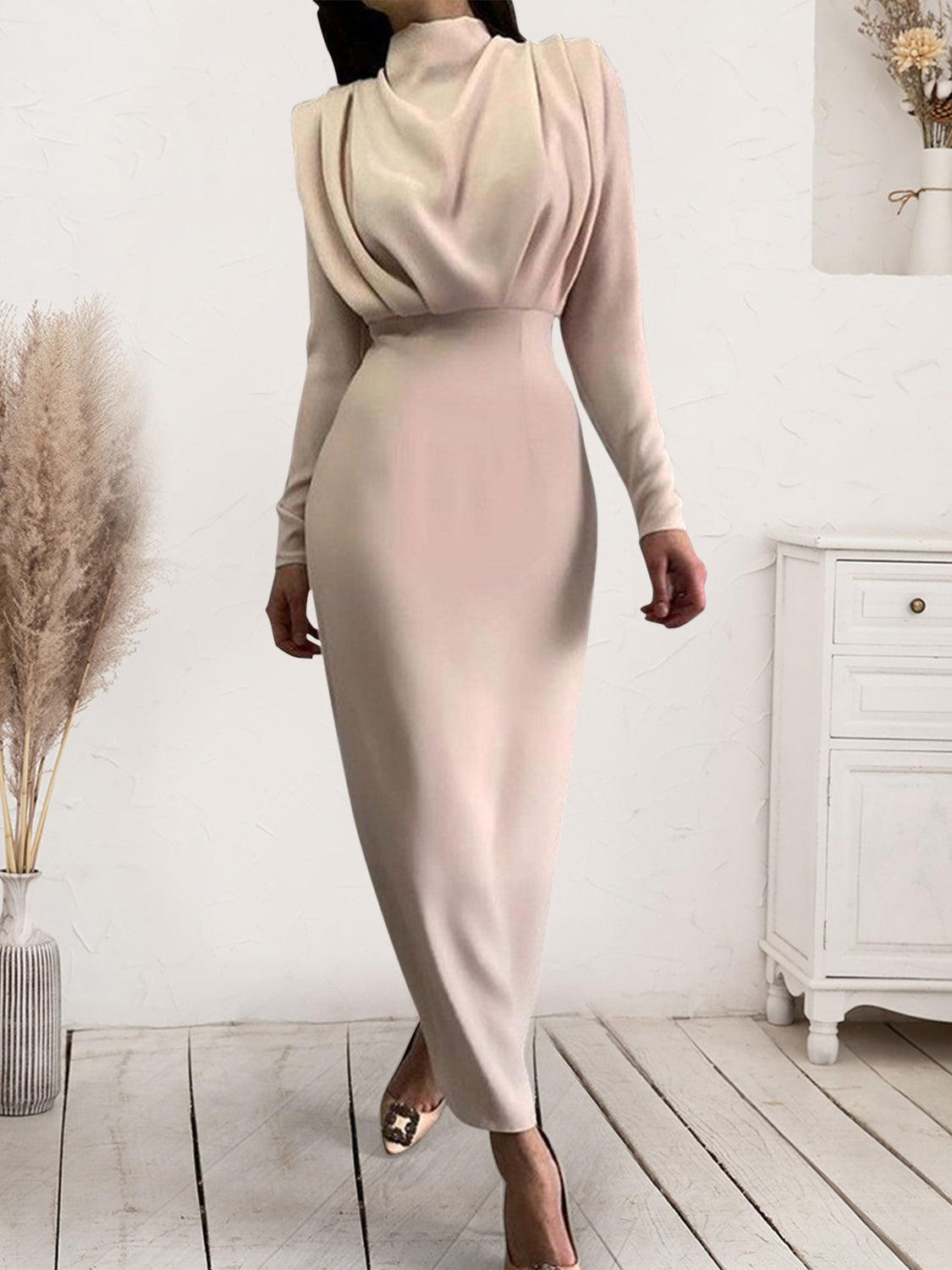 She Wears Glory™ “Majestic Dignity” Ruched Turtleneck Long Sleeve Dress - She Wears Glory Beverly Hills