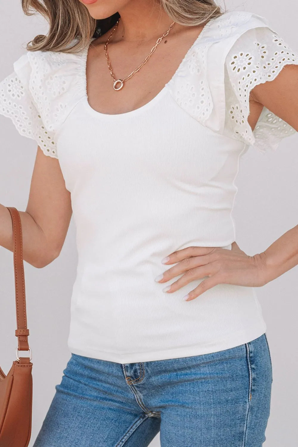 She Wears Glory™ Abigail Eyelet Ruffle Slim Top in Lily White - She Wears Glory Beverly Hills