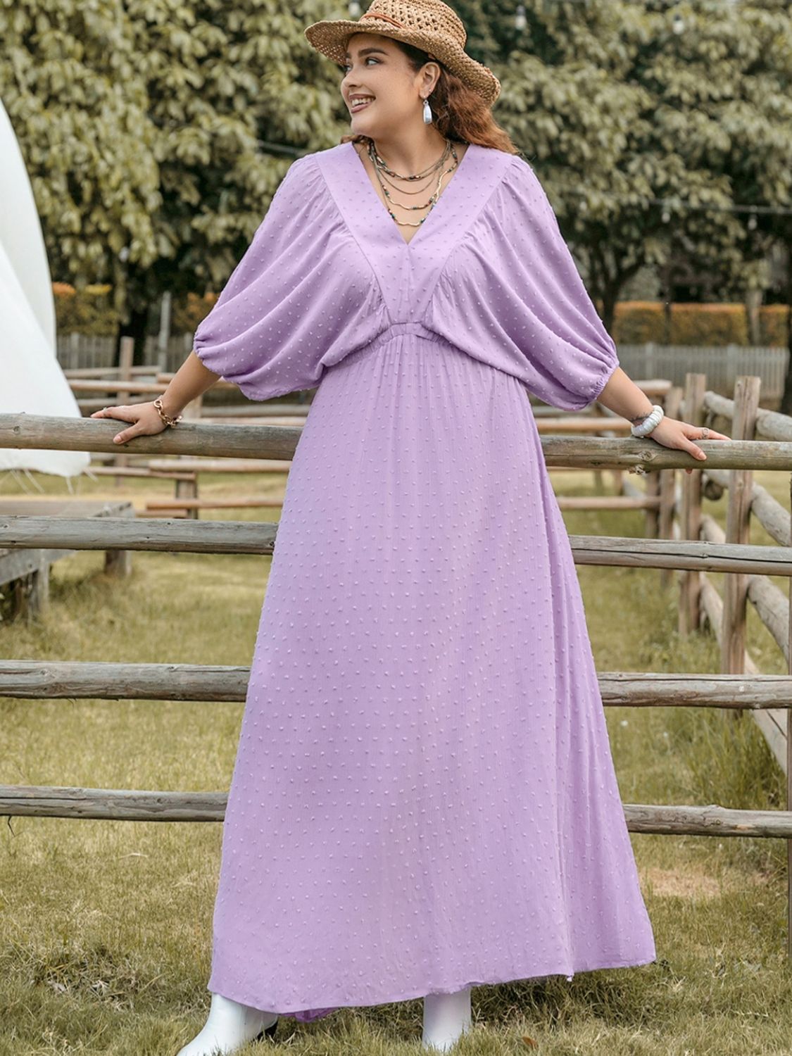 She Wears Glory™ “Silent Grace” Swiss Dot V-Neck Midi Dress - She Wears Glory Beverly Hills