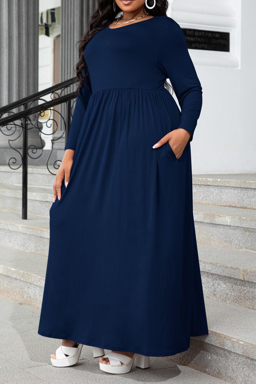 She Wears Glory™ “Sacred Grace” Round Neck Long Sleeve Maxi Dress with Pockets - She Wears Glory Beverly Hills