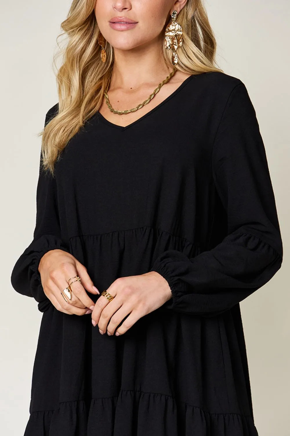 She Wears Glory™ Double Take V-Neck Balloon Sleeve Tiered Dress with Pockets - She Wears Glory Beverly Hills