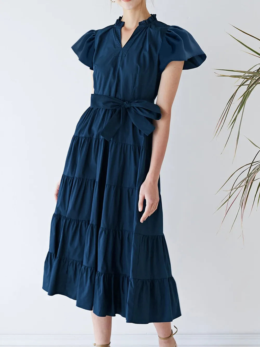 She Wears Glory™ Ruched Tiered Notched Short Sleeve Dress - She Wears Glory Beverly Hills
