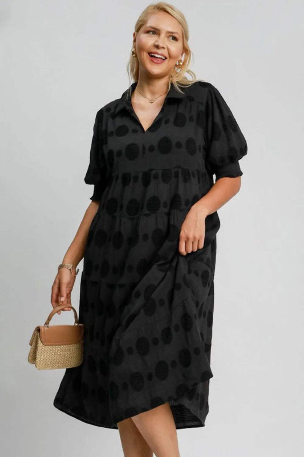She Wears Glory™ Swiss Dot Jacquard Tiered Midi Dress - She Wears Glory Beverly Hills