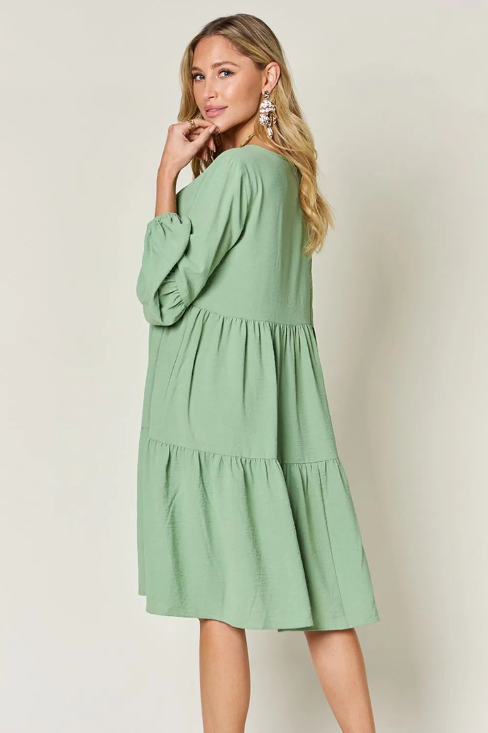 She Wears Glory™ Double Take V-Neck Balloon Sleeve Tiered Dress with Pockets - She Wears Glory Beverly Hills