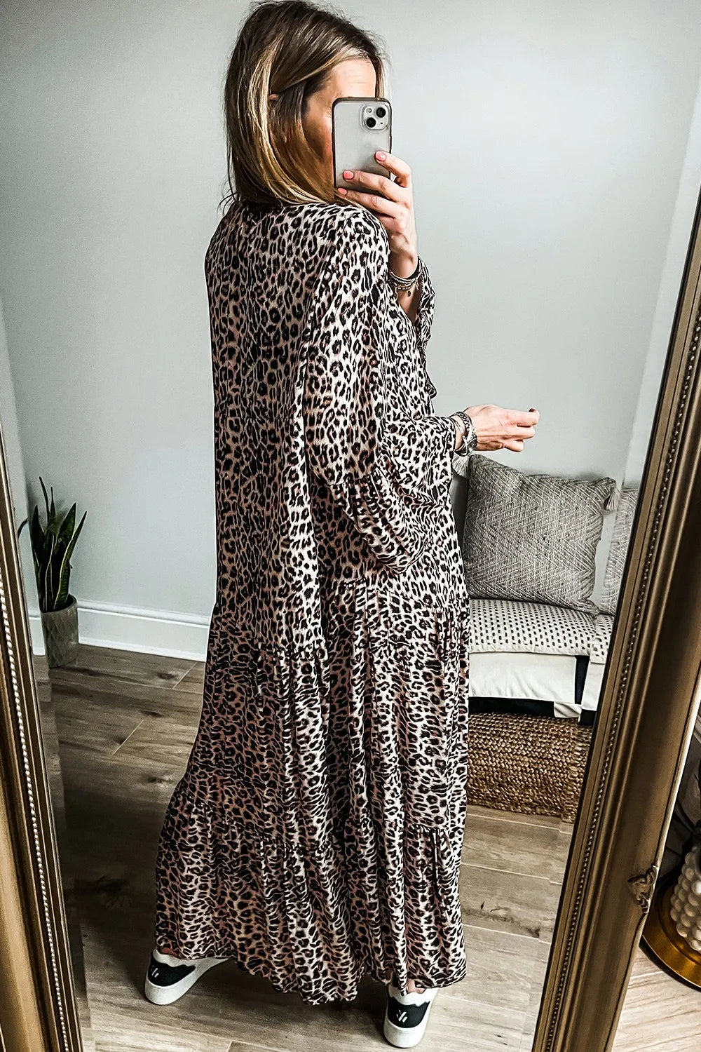 She Wears Glory “Jael” Leopard Notched Long Sleeve Maxi Dress - She Wears Glory Beverly Hills