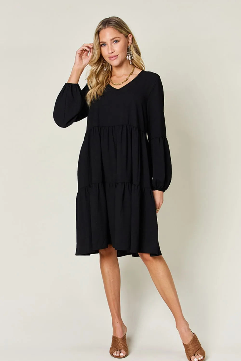 She Wears Glory™ Double Take V-Neck Balloon Sleeve Tiered Dress with Pockets - She Wears Glory Beverly Hills
