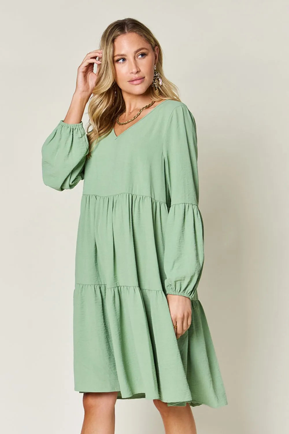 She Wears Glory™ Double Take V-Neck Balloon Sleeve Tiered Dress with Pockets - She Wears Glory Beverly Hills