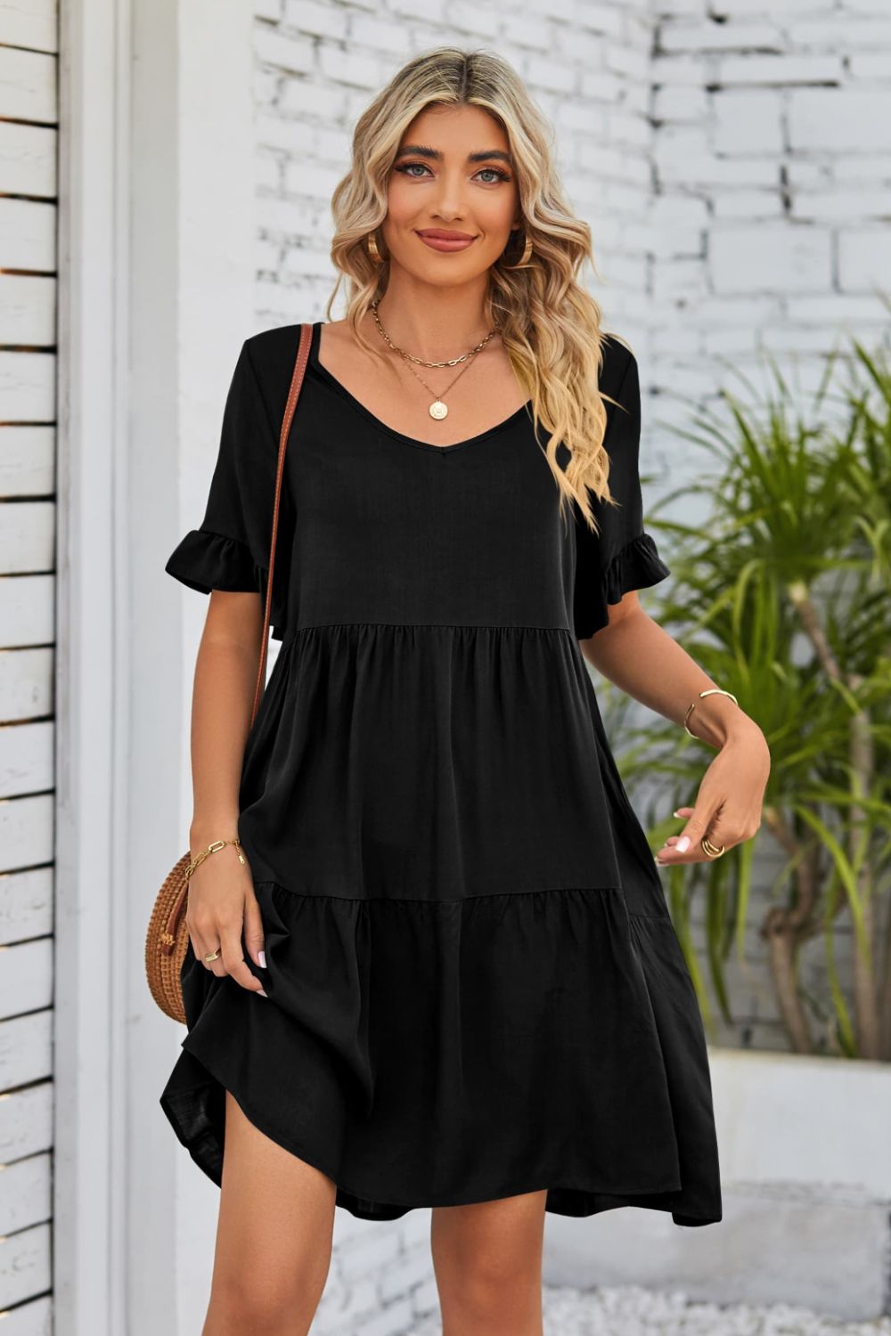 She Wears Glory™ Mandy V-Neck Flounce Sleeve Tiered Dress - She Wears Glory Beverly Hills