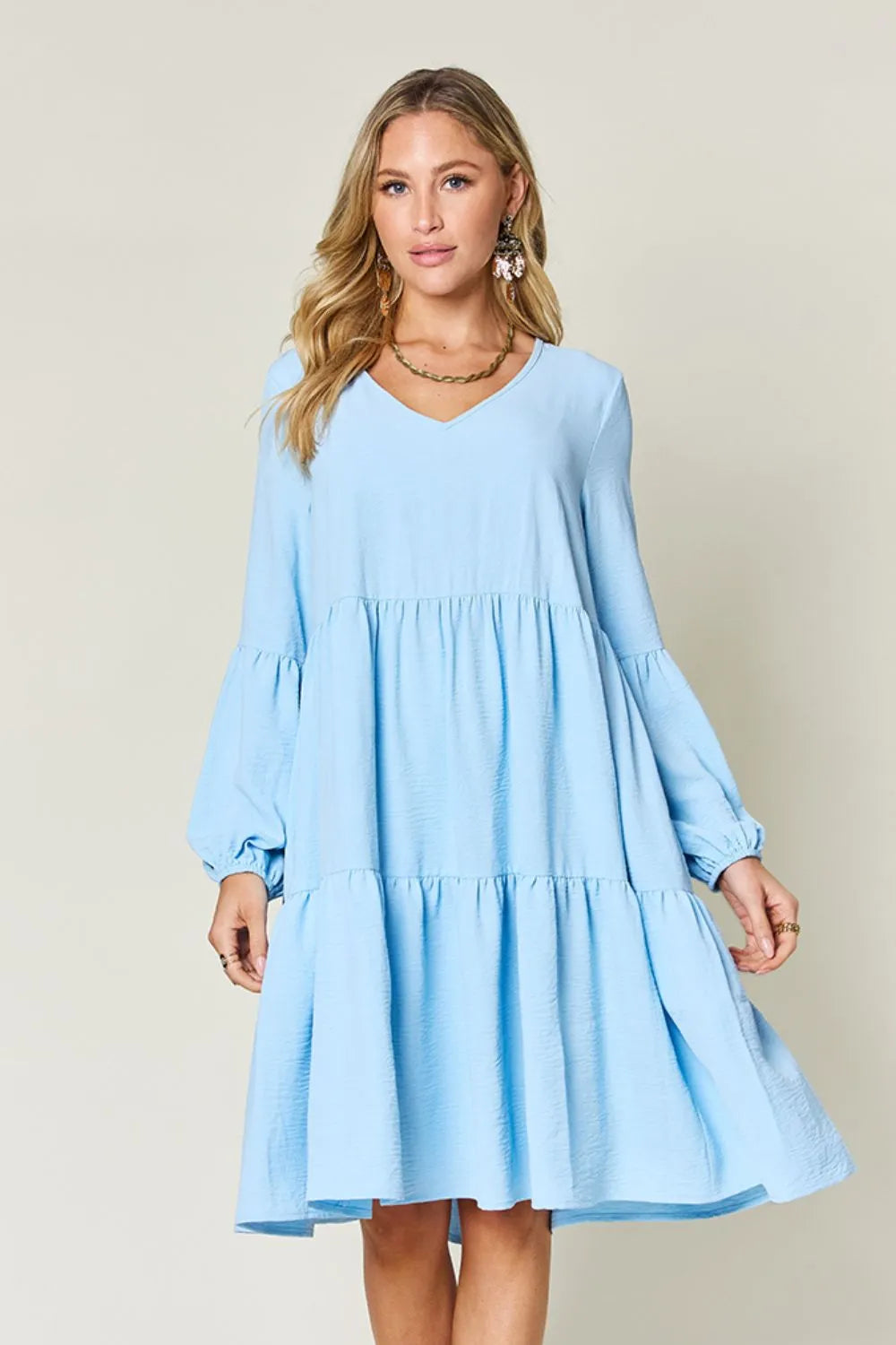 She Wears Glory™ Double Take V-Neck Balloon Sleeve Tiered Dress with Pockets - She Wears Glory Beverly Hills