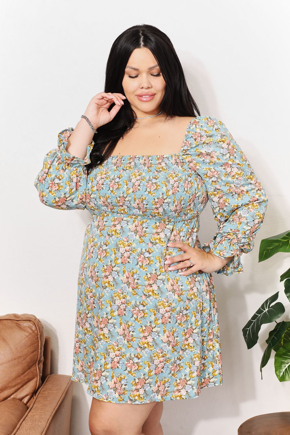 She Wears Glory™ “Eden Bloom” Honey Floral Smocked Flounce Sleeve Square Neck Dress - She Wears Glory Beverly Hills