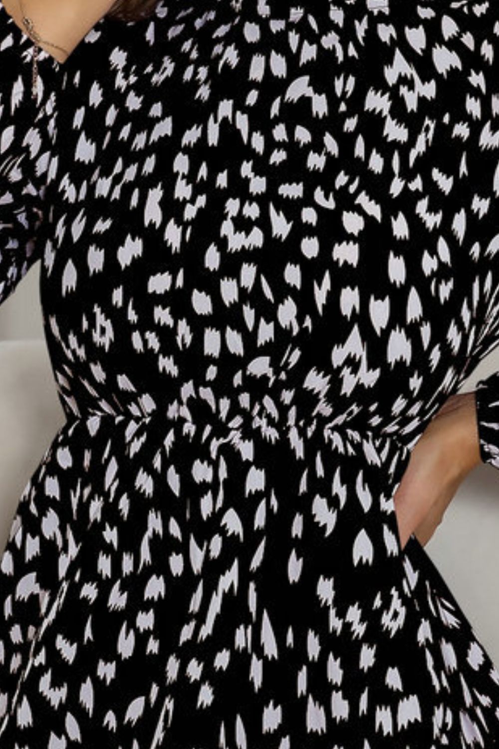 She Wears Glory™ “Framed in Grace” Printed Frill Neck Long Sleeve Dress - She Wears Glory Beverly Hills