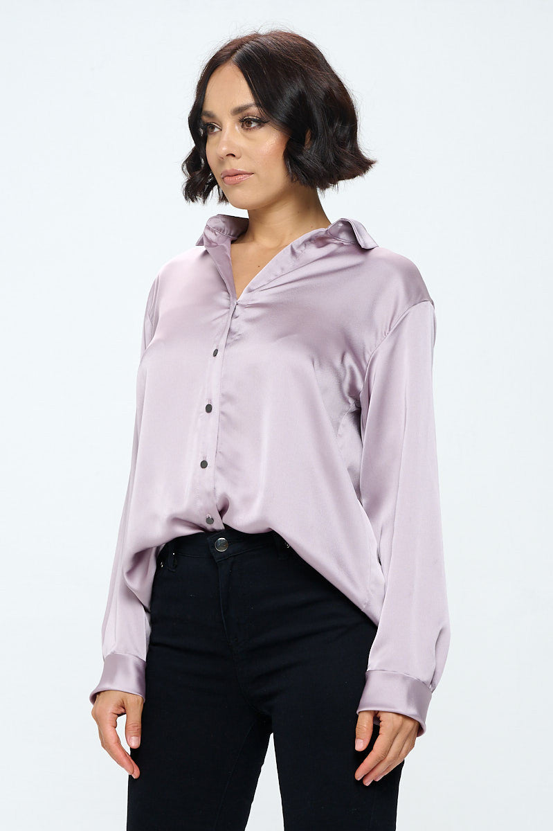 Stretch Satin V neck Blouse with Collar-2