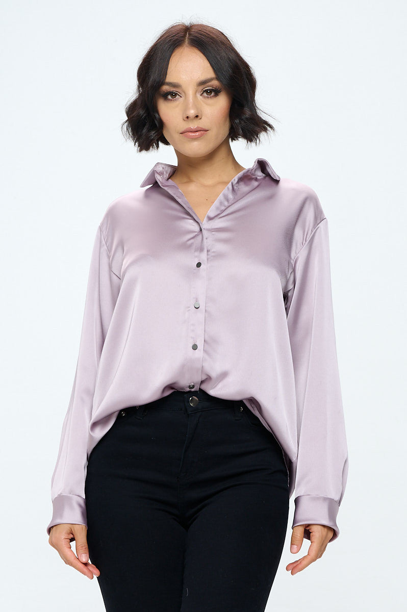 Stretch Satin V neck Blouse with Collar-1