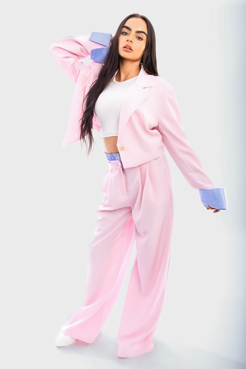 Long Sleeve Cropped Blazer Top And Straight Leg Trouser Co-ord Set - She Wears Glory Beverly Hills