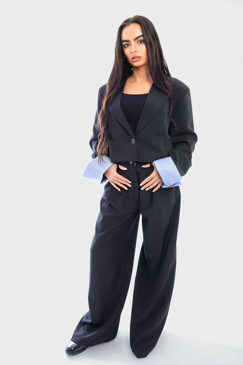Long Sleeve Cropped Blazer Top And Straight Leg Trouser Co-ord Set - She Wears Glory Beverly Hills