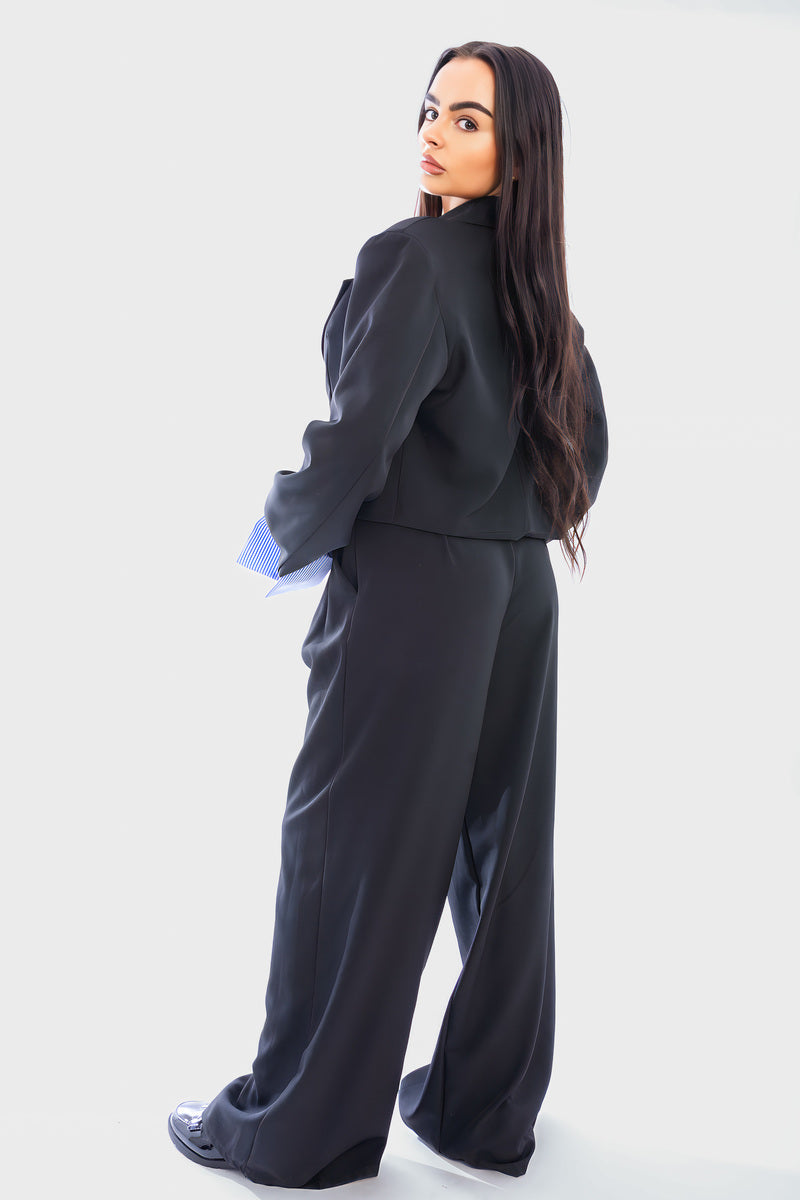 Long Sleeve Cropped Blazer Top And Straight Leg Trouser Co-ord Set - She Wears Glory Beverly Hills