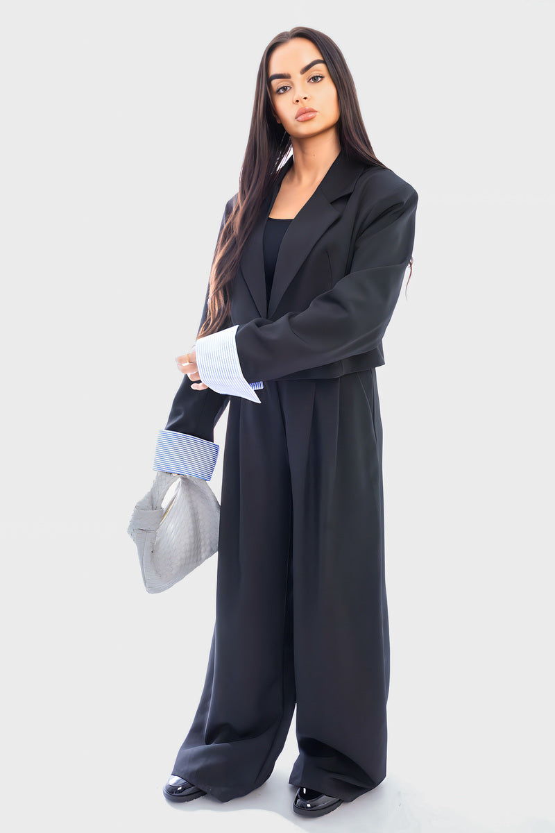 Long Sleeve Cropped Blazer Top And Straight Leg Trouser Co-ord Set - She Wears Glory Beverly Hills