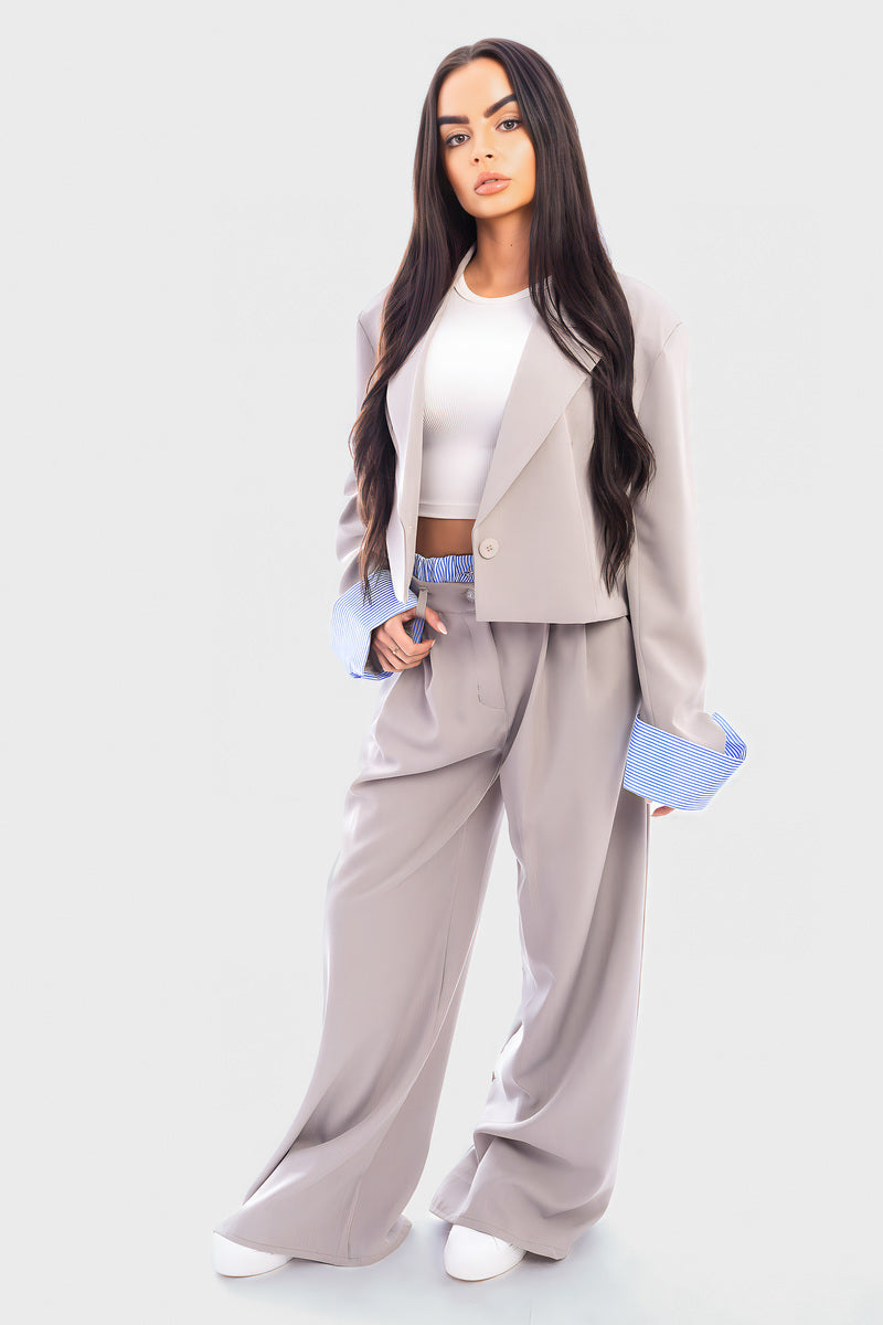 Long Sleeve Cropped Blazer Top And Straight Leg Trouser Co-ord Set - She Wears Glory Beverly Hills