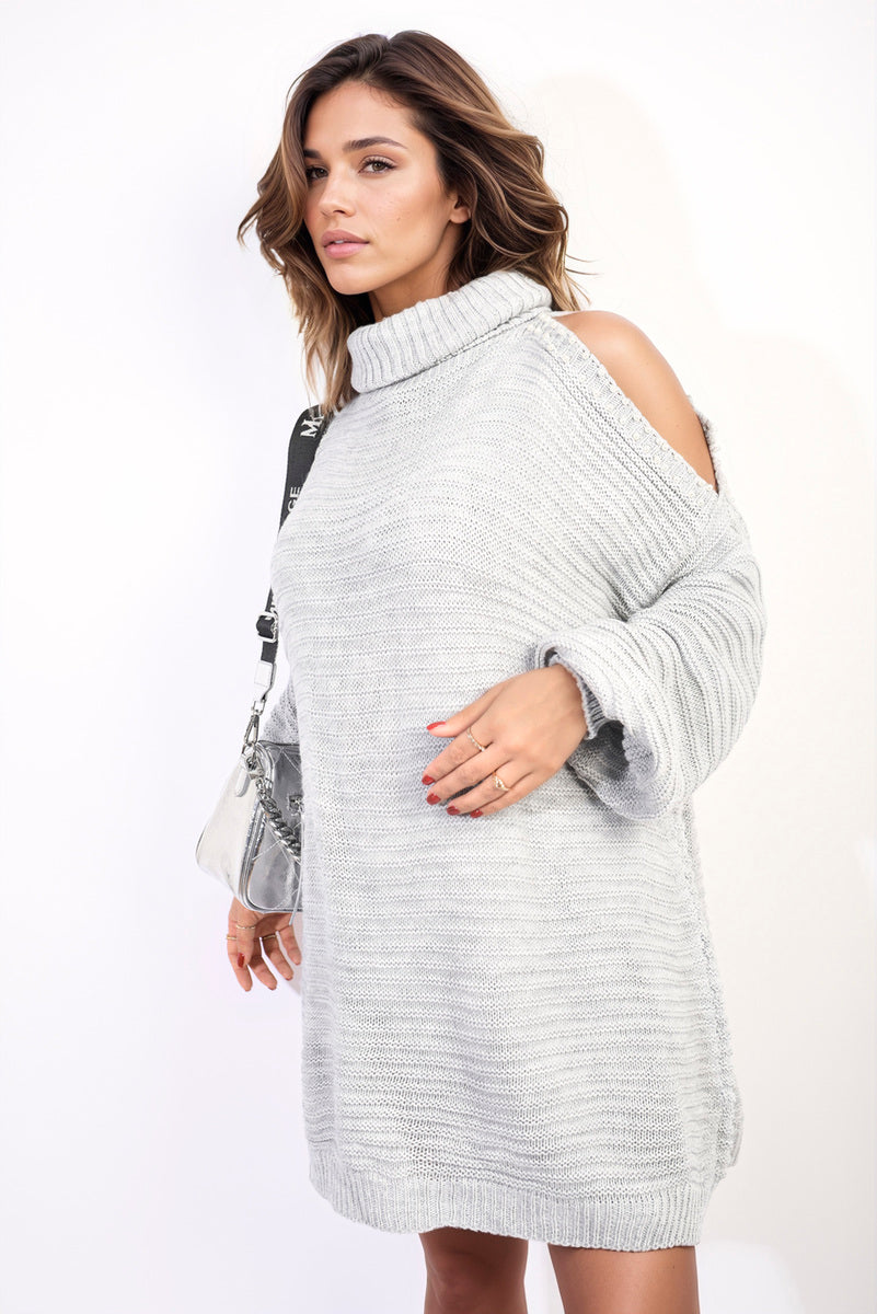 She Wears Glory™ High Neck Oversized Open Shoulder Long Sleeve Knitted Jumper