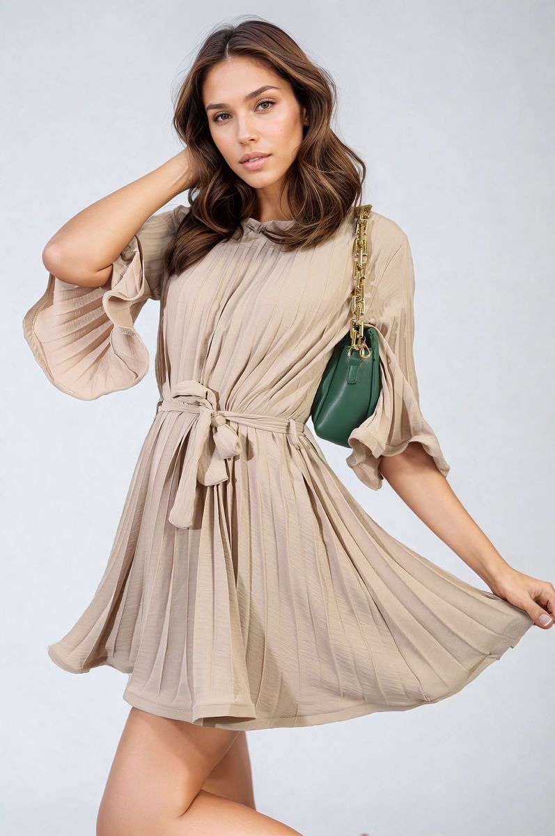 She Wears Glory™ Pleated Tie Waist Mini Dress