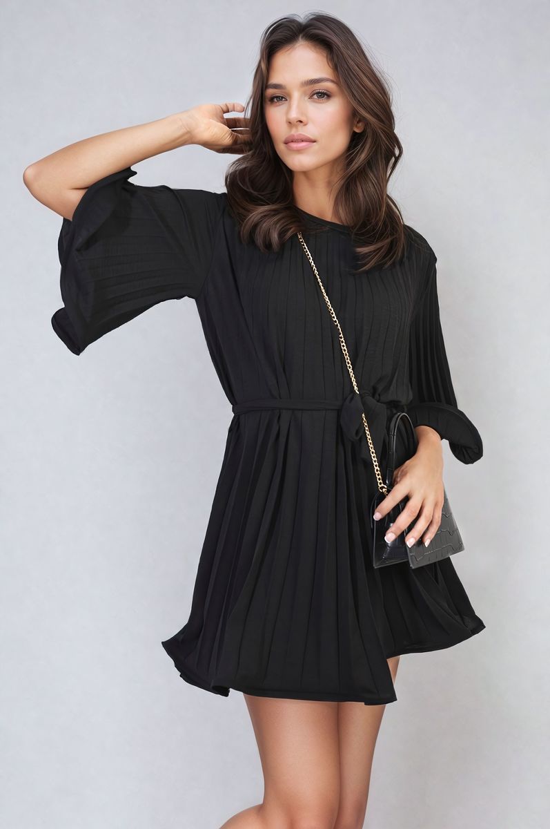 She Wears Glory™ Pleated Tie Waist Mini Dress